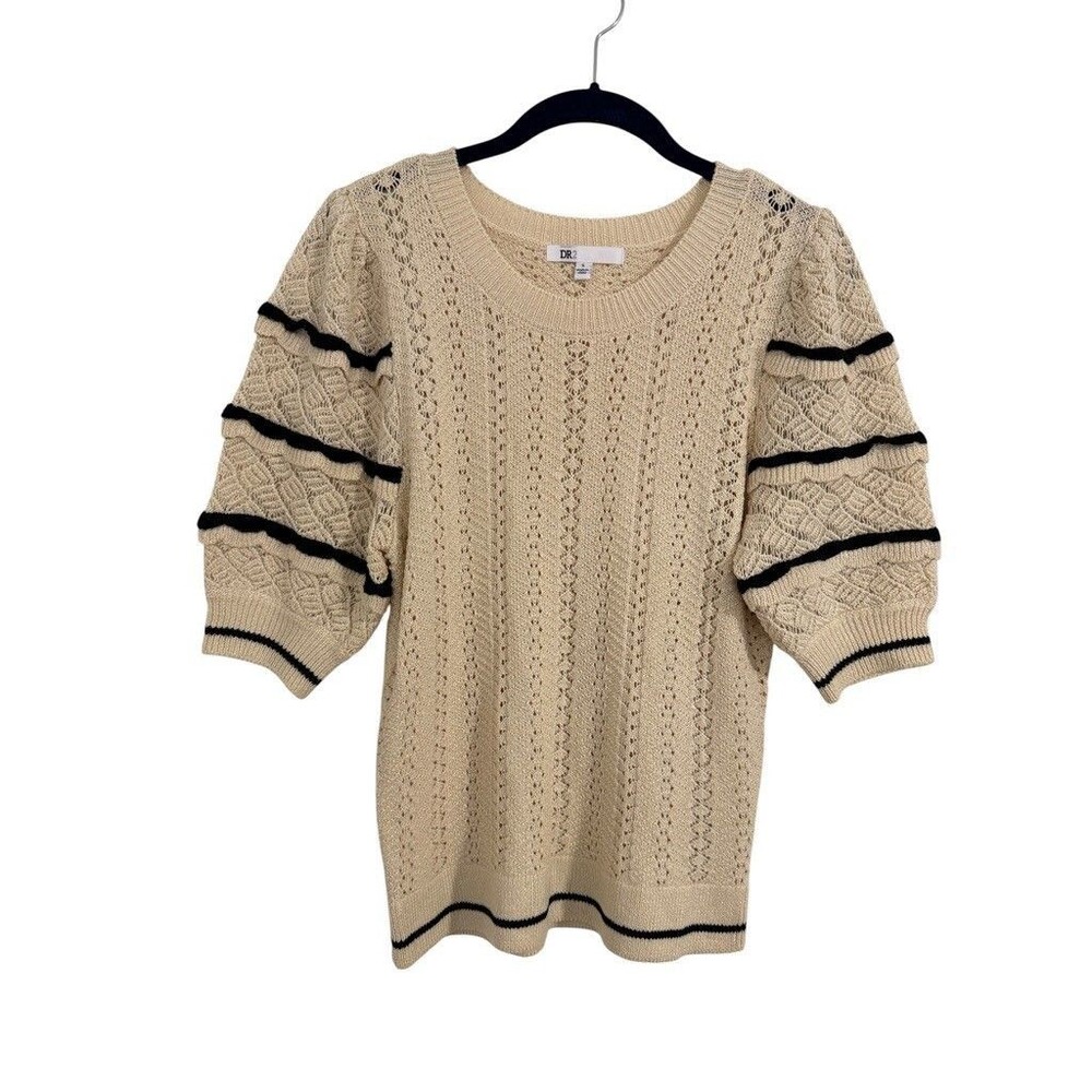 DR2 Daniel Rainn Top Women SMALL Beige Black Open Knit Crochet Puff Sleeve
